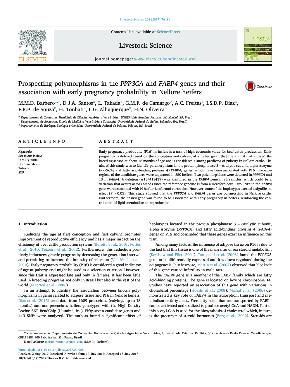 Prospecting polymorphisms in the PPP3CA and FABP4 genes and their association with early pregnancy probability in Nellore heifers