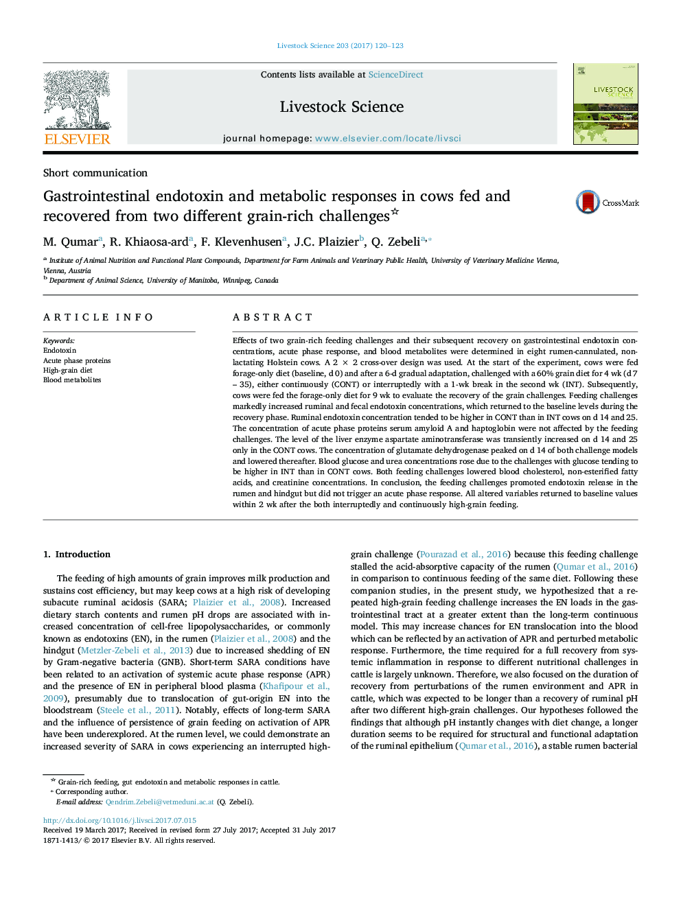 Gastrointestinal endotoxin and metabolic responses in cows fed and recovered from two different grain-rich challenges