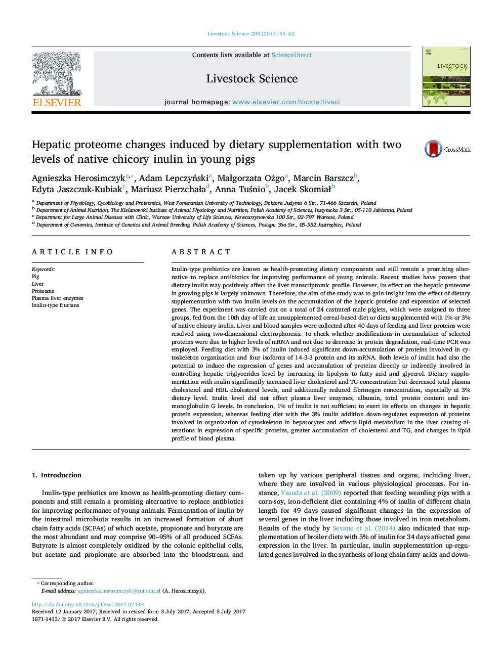 Hepatic proteome changes induced by dietary supplementation with two levels of native chicory inulin in young pigs