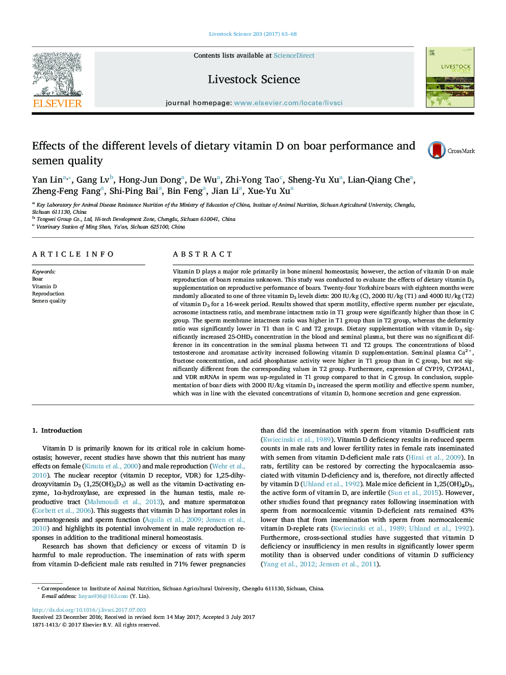 Effects of the different levels of dietary vitamin D on boar performance and semen quality