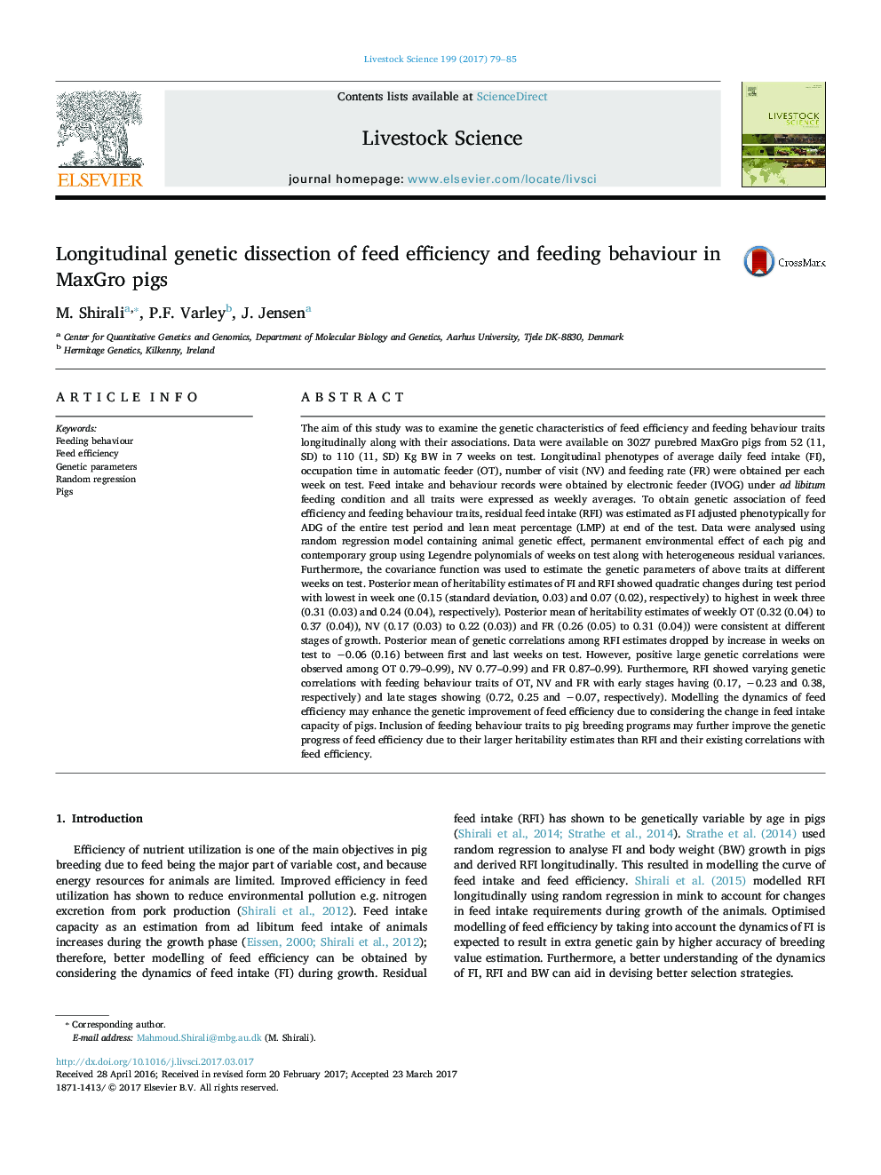 عکس صفحه اول مقاله: Longitudinal genetic dissection of feed efficiency and feeding behaviour in MaxGro pigs Longitudinal genetic dissection of feed efficiency and feeding behaviour in MaxGro pigs