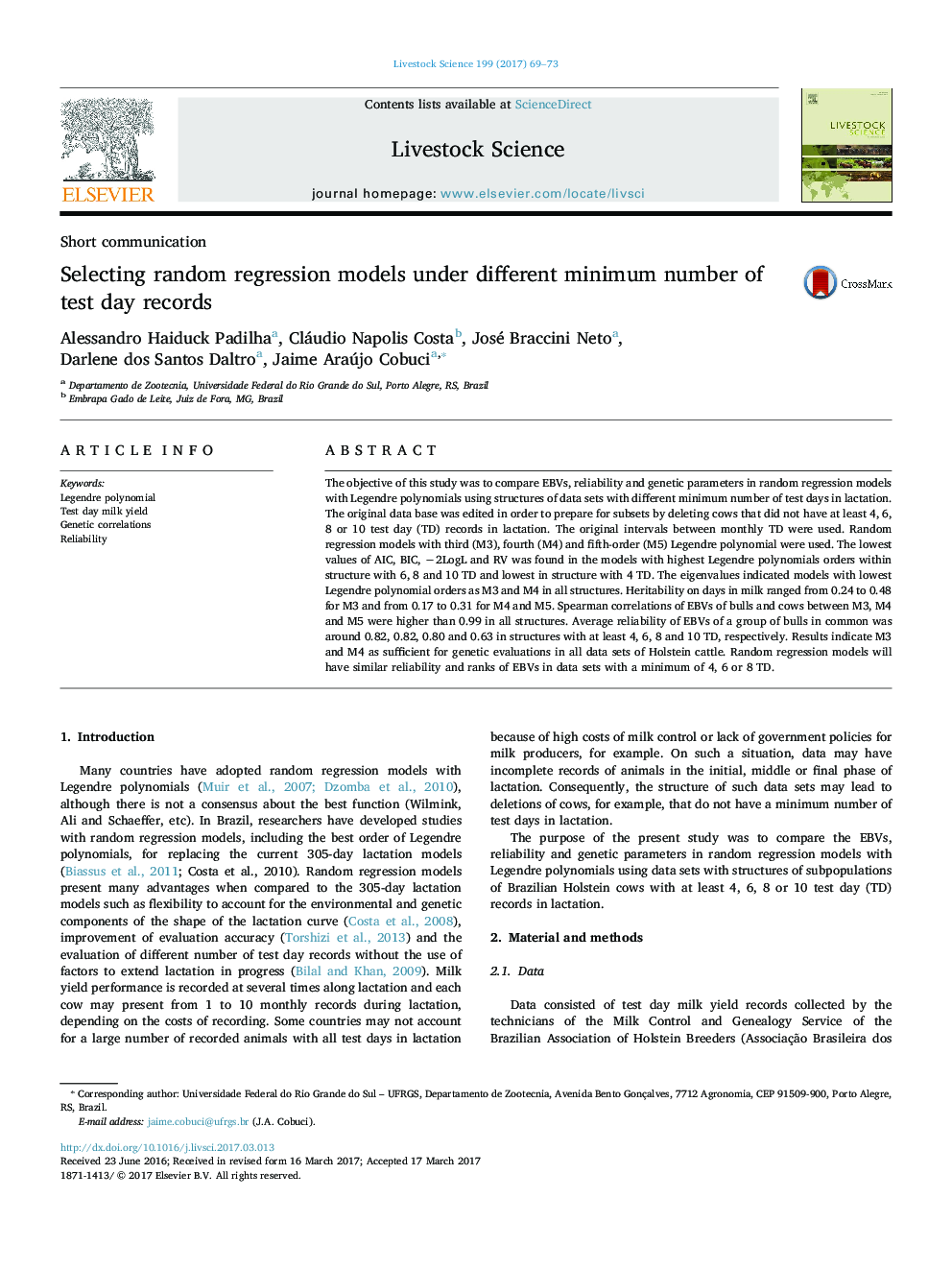 Selecting random regression models under different minimum number of test day records