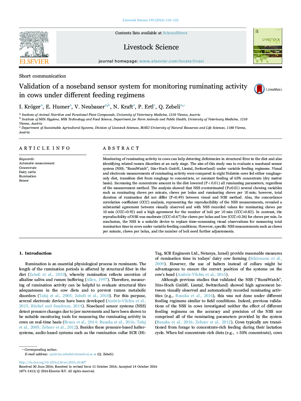 Validation of a noseband sensor system for monitoring ruminating activity in cows under different feeding regimens