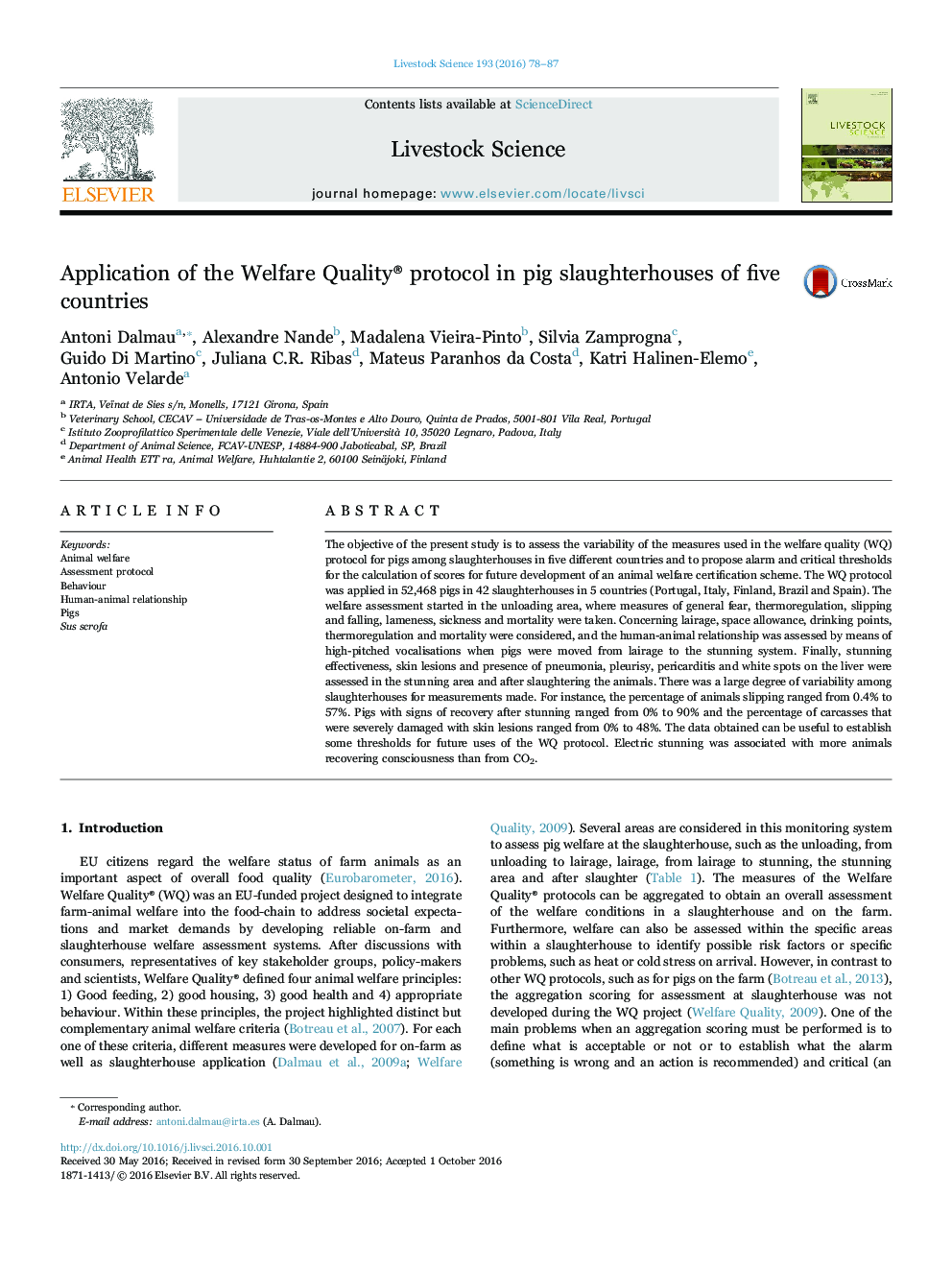 Application of the Welfare Quality® protocol in pig slaughterhouses of five countries