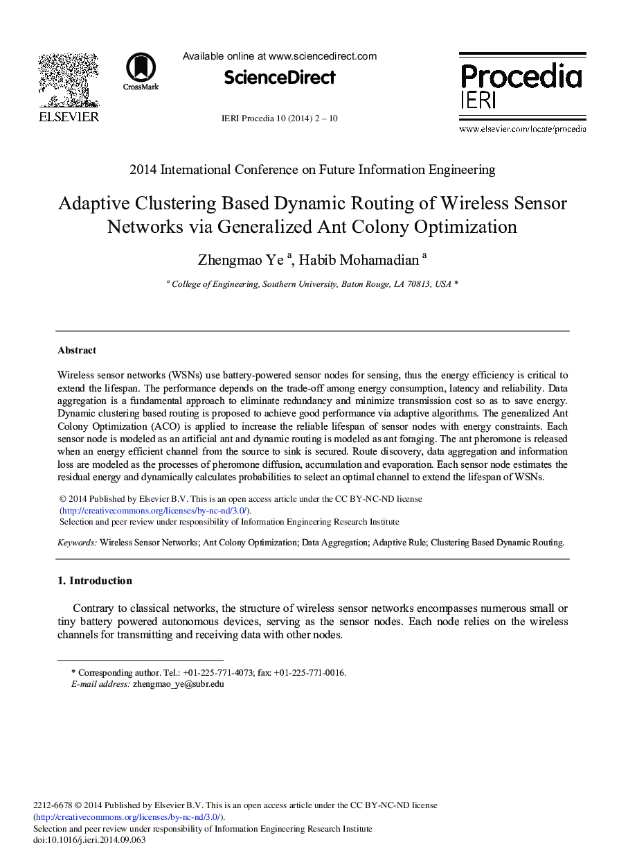 Adaptive Clustering based Dynamic Routing of Wireless Sensor Networks via Generalized Ant Colony Optimization 