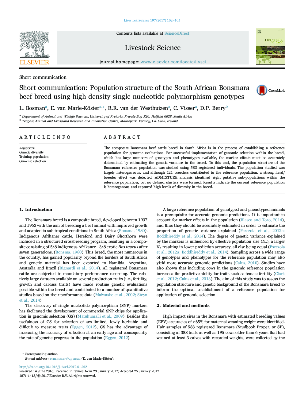 Short communication: Population structure of the South African Bonsmara beef breed using high density single nucleotide polymorphism genotypes