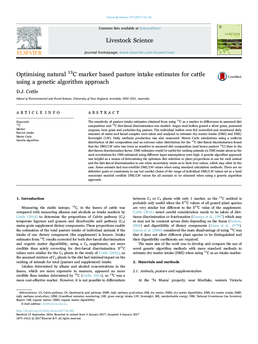 Optimising natural 13C marker based pasture intake estimates for cattle using a genetic algorithm approach