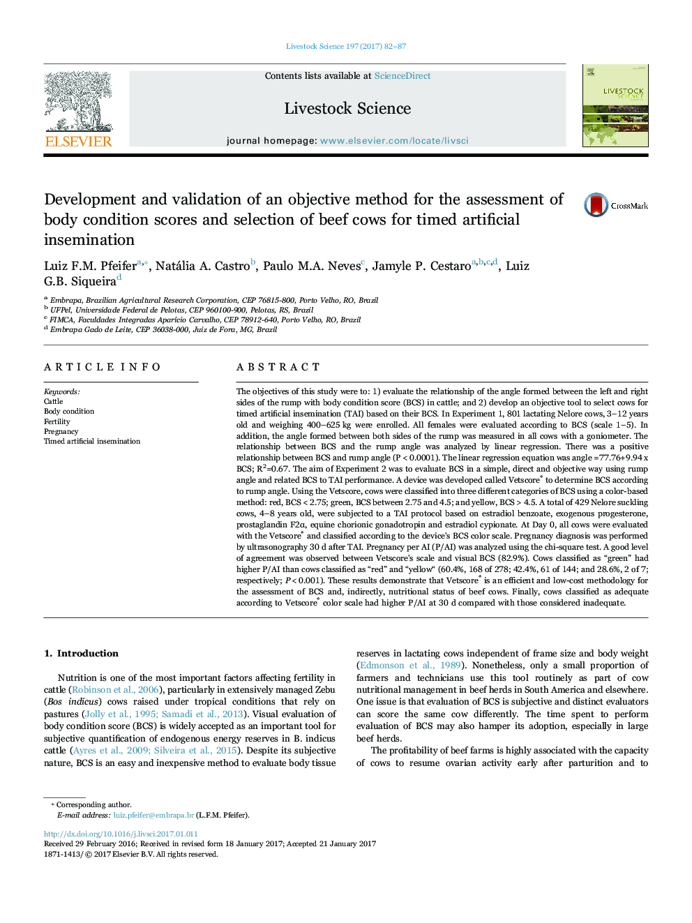 Development and validation of an objective method for the assessment of body condition scores and selection of beef cows for timed artificial insemination