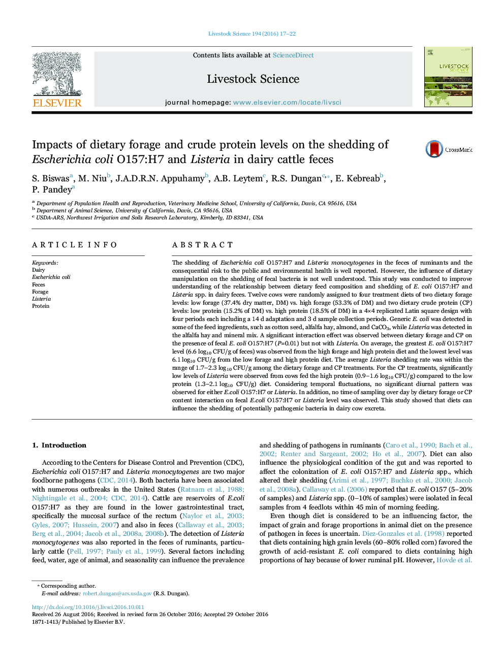 Impacts of dietary forage and crude protein levels on the shedding of Escherichia coli O157:H7 and Listeria in dairy cattle feces