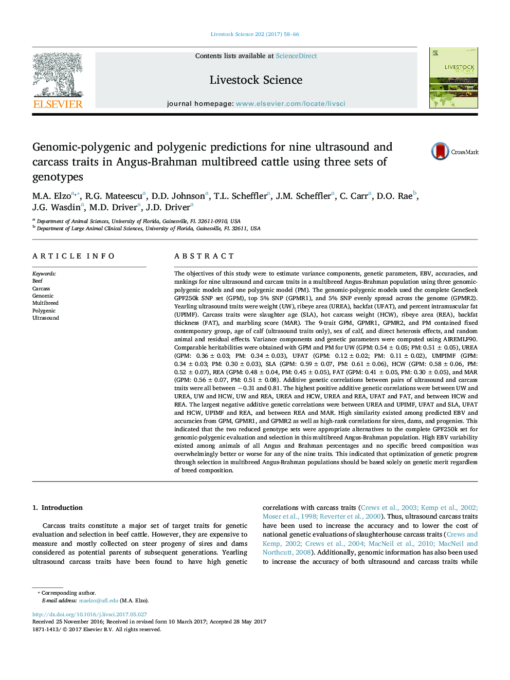 Genomic-polygenic and polygenic predictions for nine ultrasound and carcass traits in Angus-Brahman multibreed cattle using three sets of genotypes