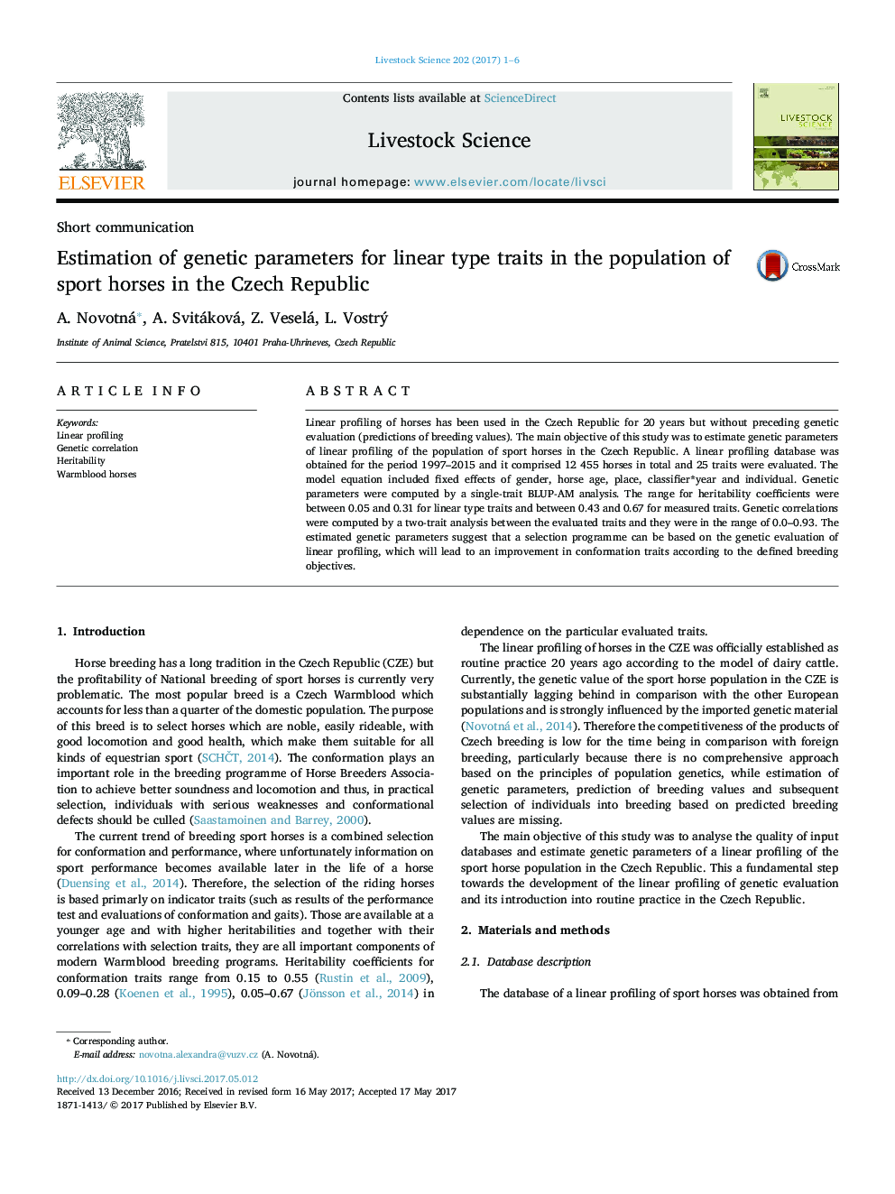 Estimation of genetic parameters for linear type traits in the population of sport horses in the Czech Republic