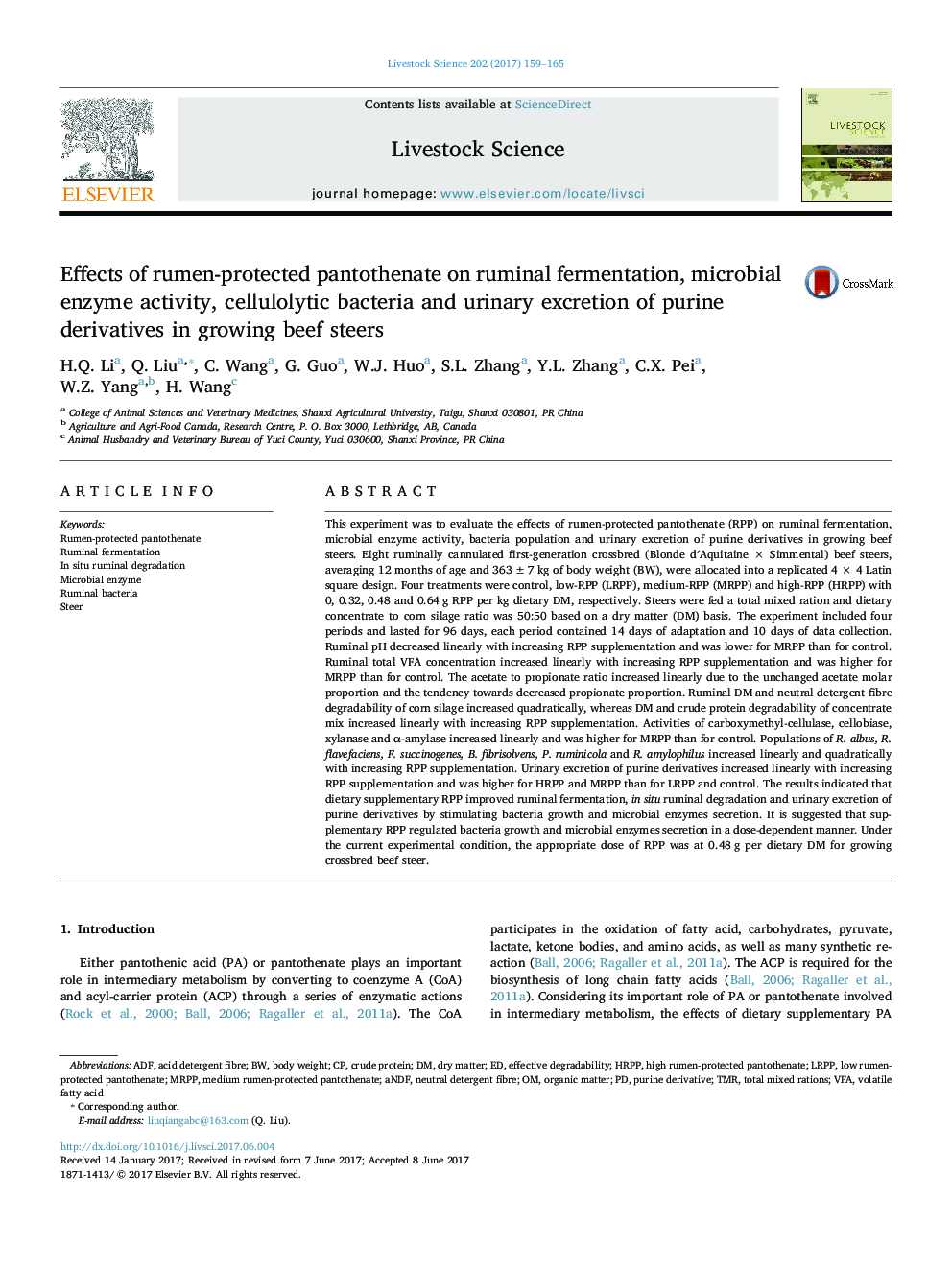 Effects of rumen-protected pantothenate on ruminal fermentation, microbial enzyme activity, cellulolytic bacteria and urinary excretion of purine derivatives in growing beef steers