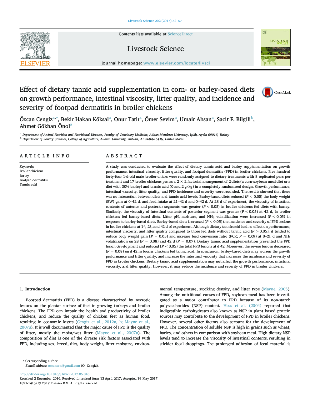 Effect of dietary tannic acid supplementation in corn- or barley-based diets on growth performance, intestinal viscosity, litter quality, and incidence and severity of footpad dermatitis in broiler chickens