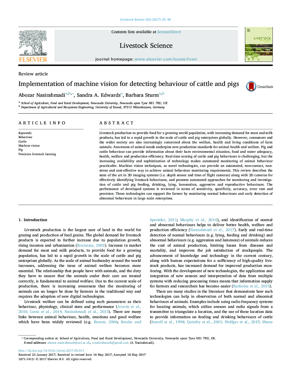 Review articleImplementation of machine vision for detecting behaviour of cattle and pigs