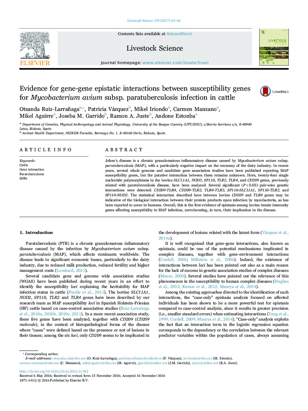 Evidence for gene-gene epistatic interactions between susceptibility genes for Mycobacterium avium subsp. paratuberculosis infection in cattle