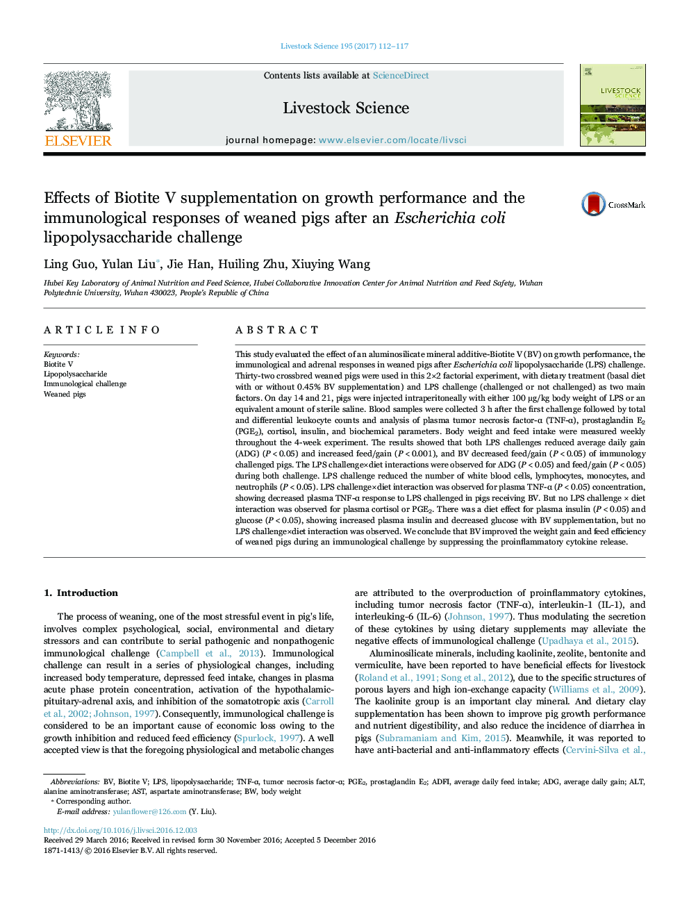 Effects of Biotite V supplementation on growth performance and the immunological responses of weaned pigs after an Escherichia coli lipopolysaccharide challenge