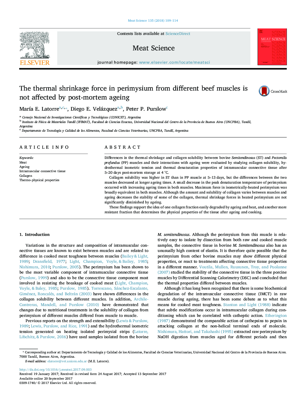 The thermal shrinkage force in perimysium from different beef muscles is not affected by post-mortem ageing