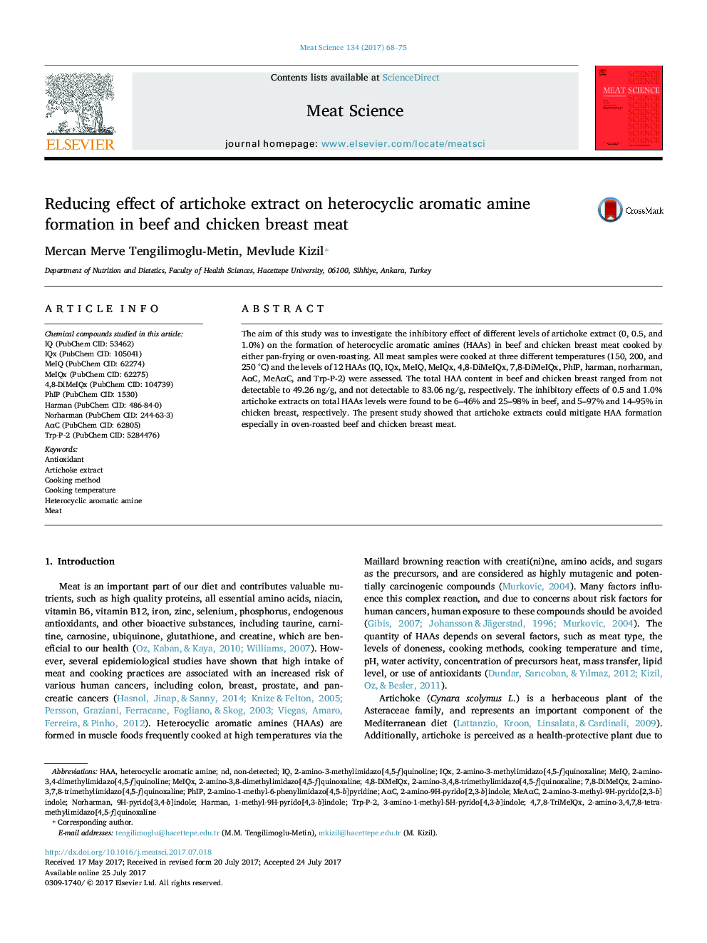 Reducing effect of artichoke extract on heterocyclic aromatic amine formation in beef and chicken breast meat