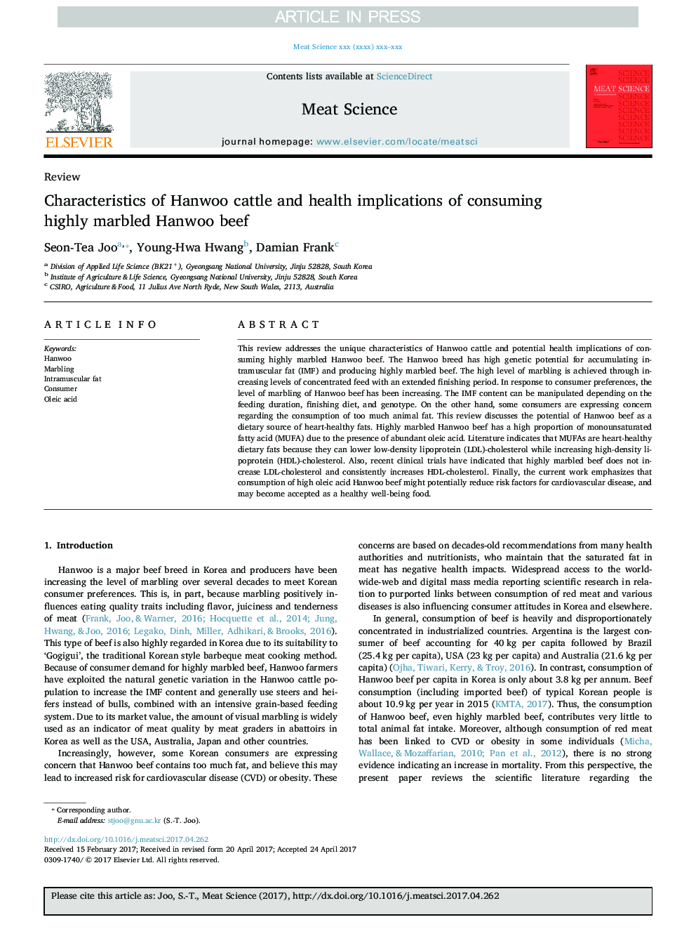 Characteristics of Hanwoo cattle and health implications of consuming highly marbled Hanwoo beef