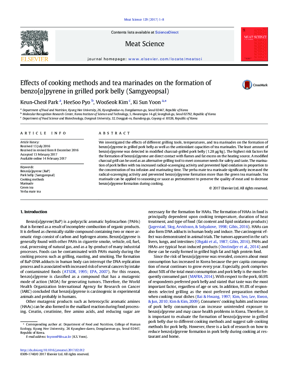 Effects of cooking methods and tea marinades on the formation of benzo[a]pyrene in grilled pork belly (Samgyeopsal)