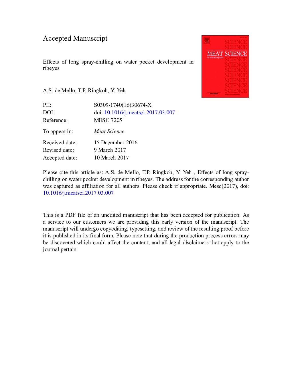 Effects of long spray-chilling on water pocket development in ribeyes