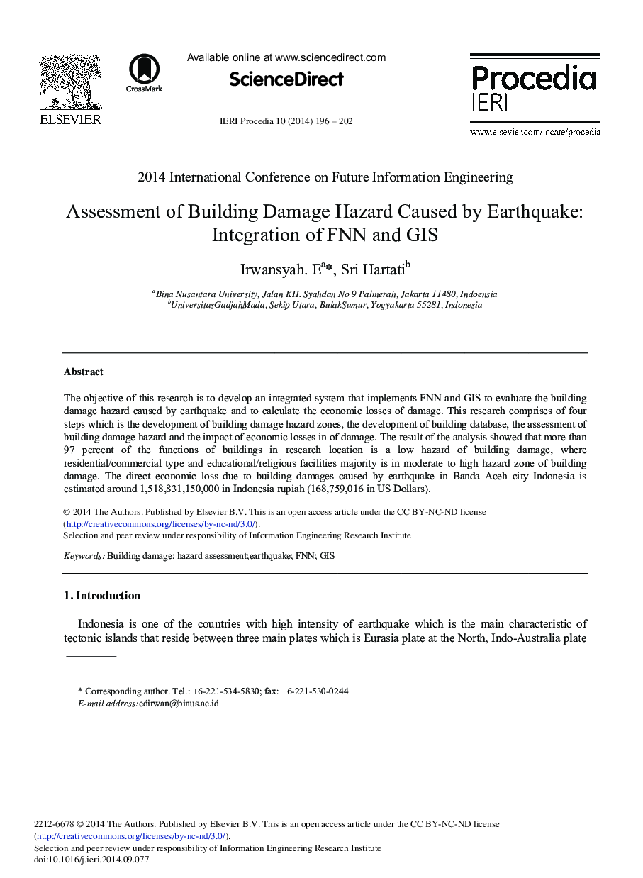 Assessment of Building Damage Hazard Caused by Earthquake: Integration of FNN and GIS 