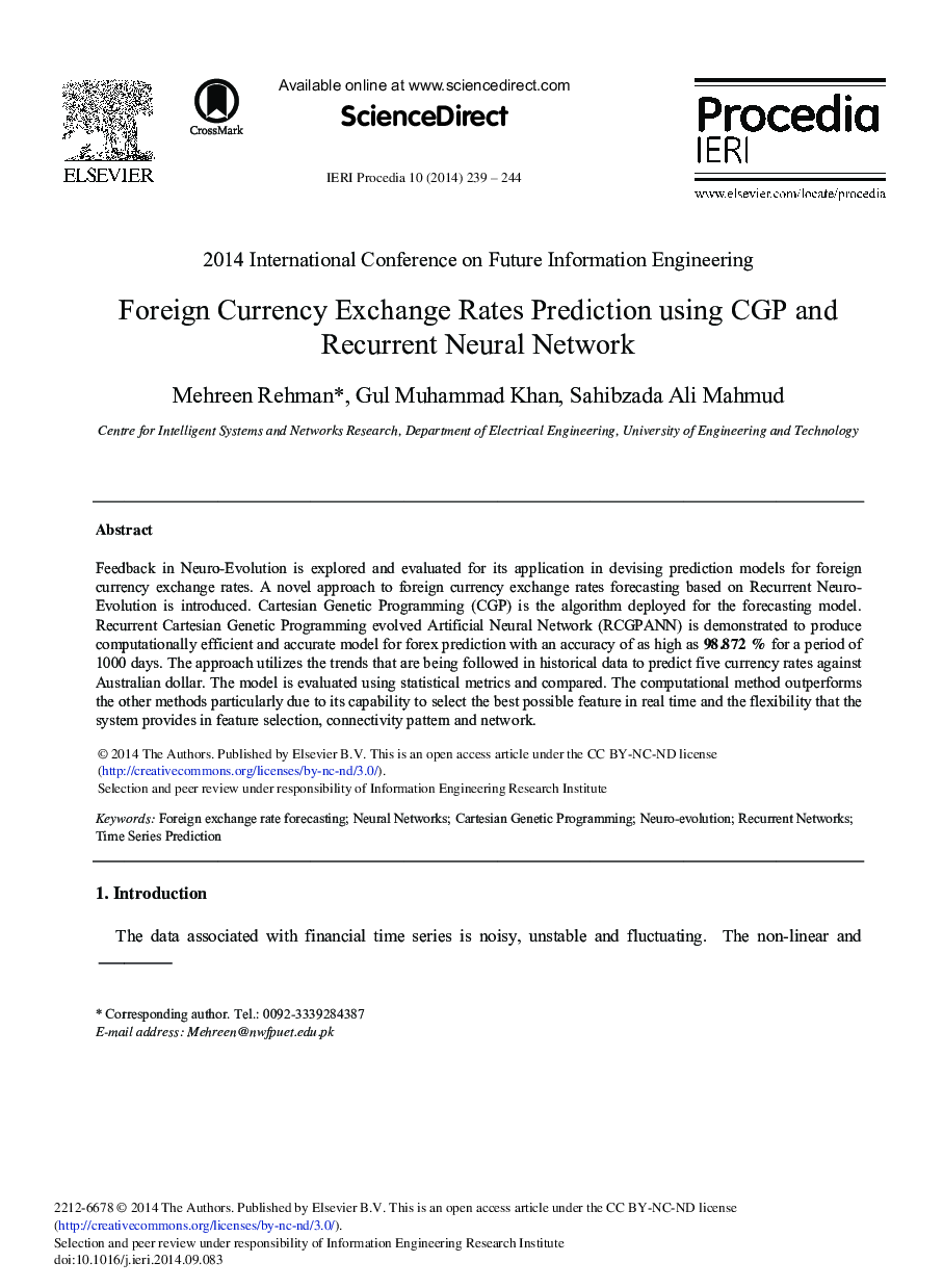 Foreign Currency Exchange Rates Prediction Using CGP and Recurrent Neural Network 