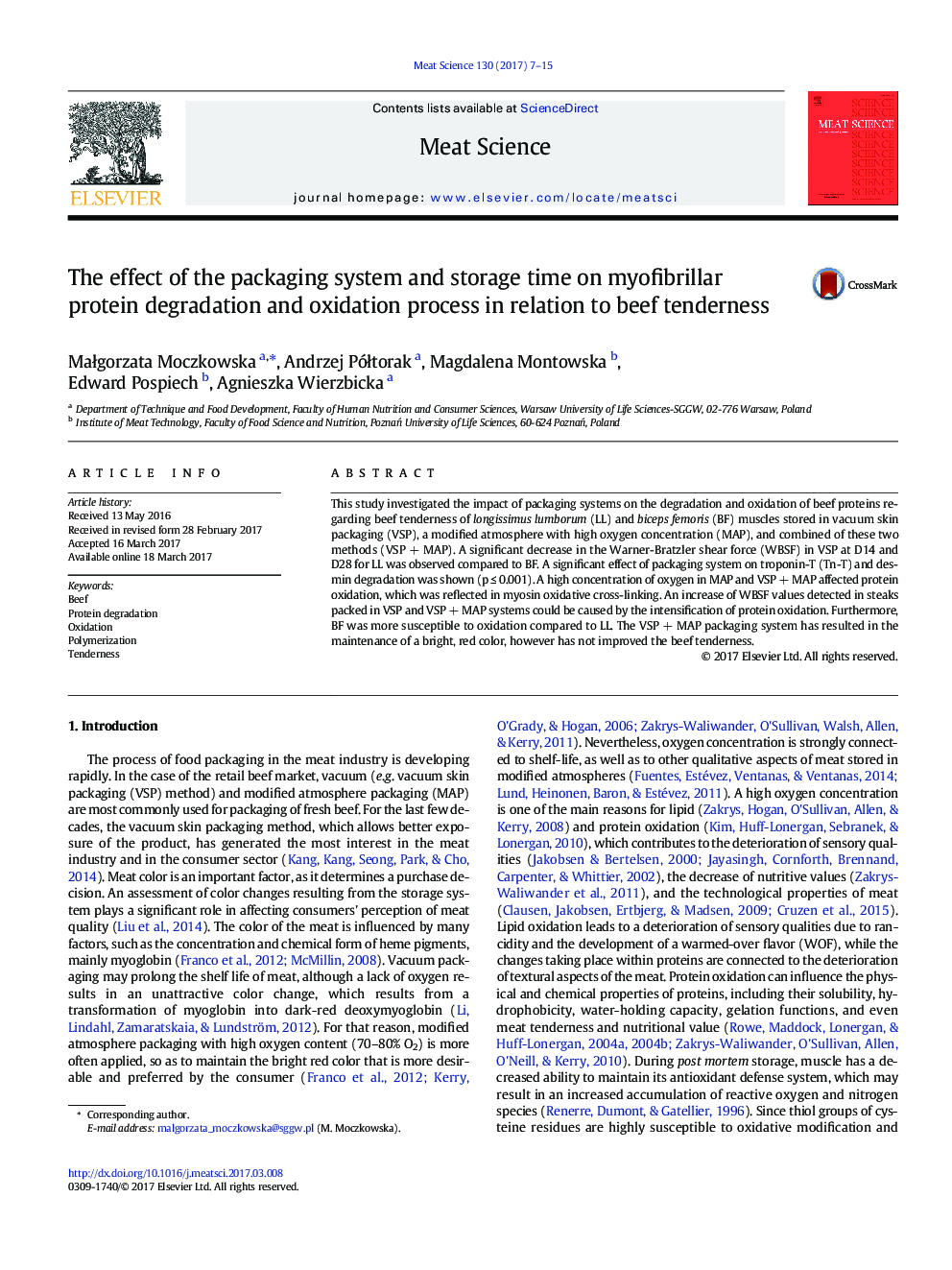 The effect of the packaging system and storage time on myofibrillar protein degradation and oxidation process in relation to beef tenderness