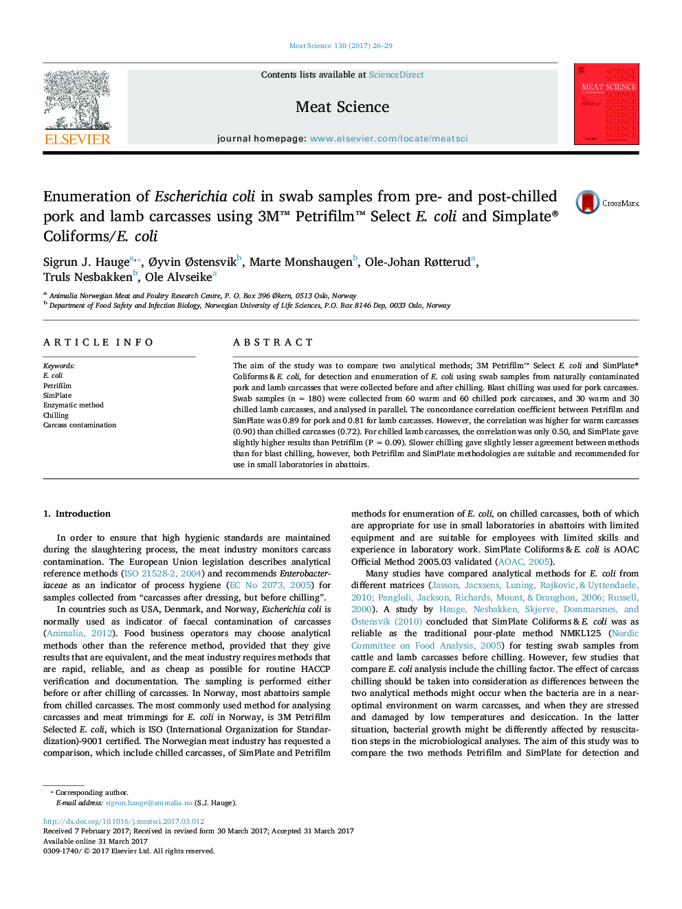 Enumeration of Escherichia coli in swab samples from pre- and post-chilled pork and lamb carcasses using 3Mâ¢ Petrifilmâ¢ Select E. coli and Simplate® Coliforms/E. coli