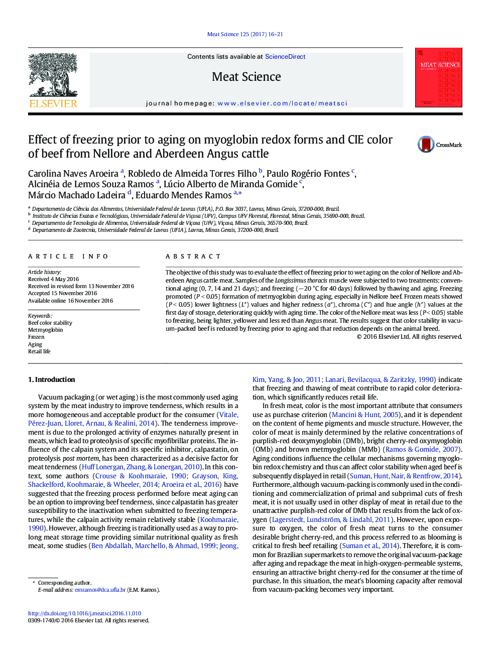 Effect of freezing prior to aging on myoglobin redox forms and CIE color of beef from Nellore and Aberdeen Angus cattle