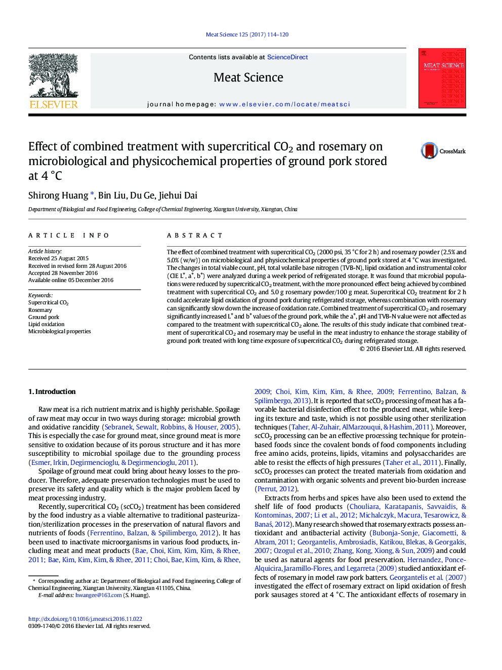 Effect of combined treatment with supercritical CO2 and rosemary on microbiological and physicochemical properties of ground pork stored at 4Â Â°C