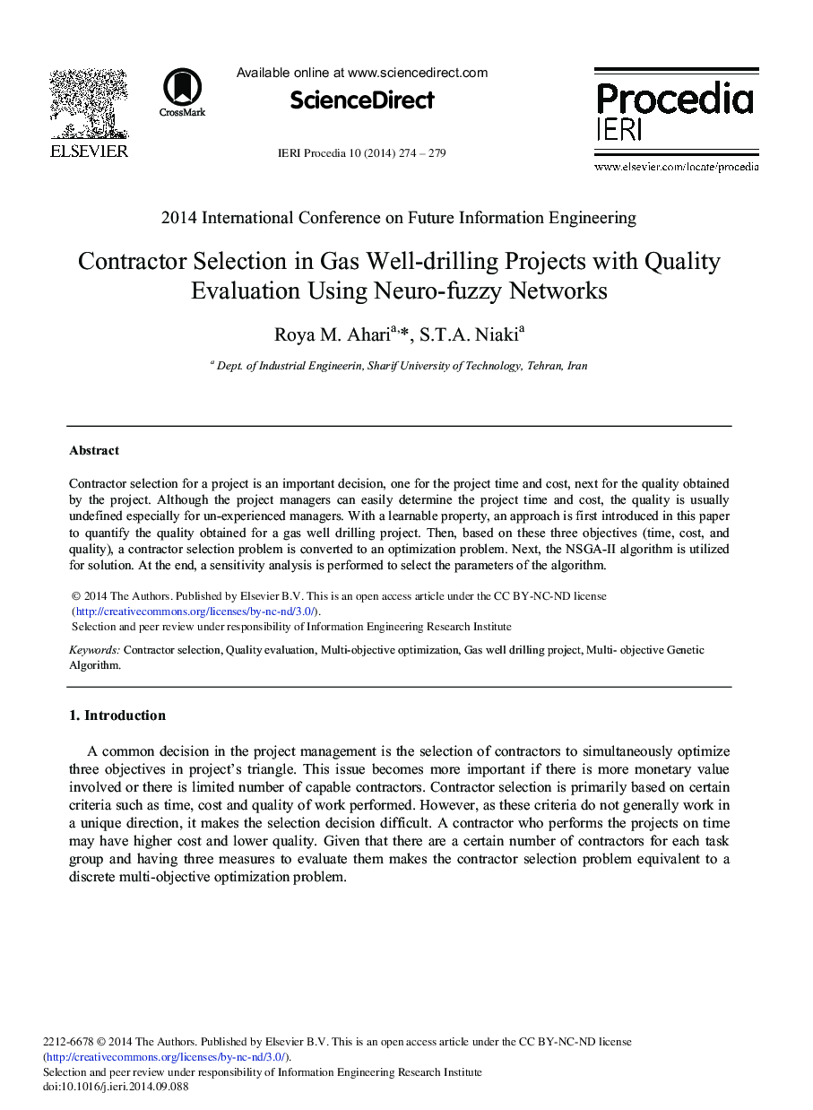 Contractor Selection in Gas Well-drilling Projects with Quality Evaluation Using Neuro-fuzzy Networks 