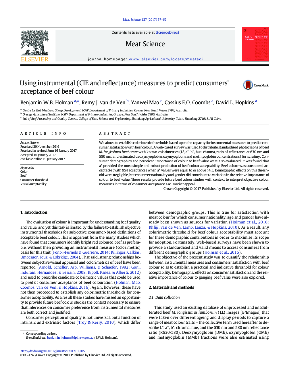 Using instrumental (CIE and reflectance) measures to predict consumers' acceptance of beef colour