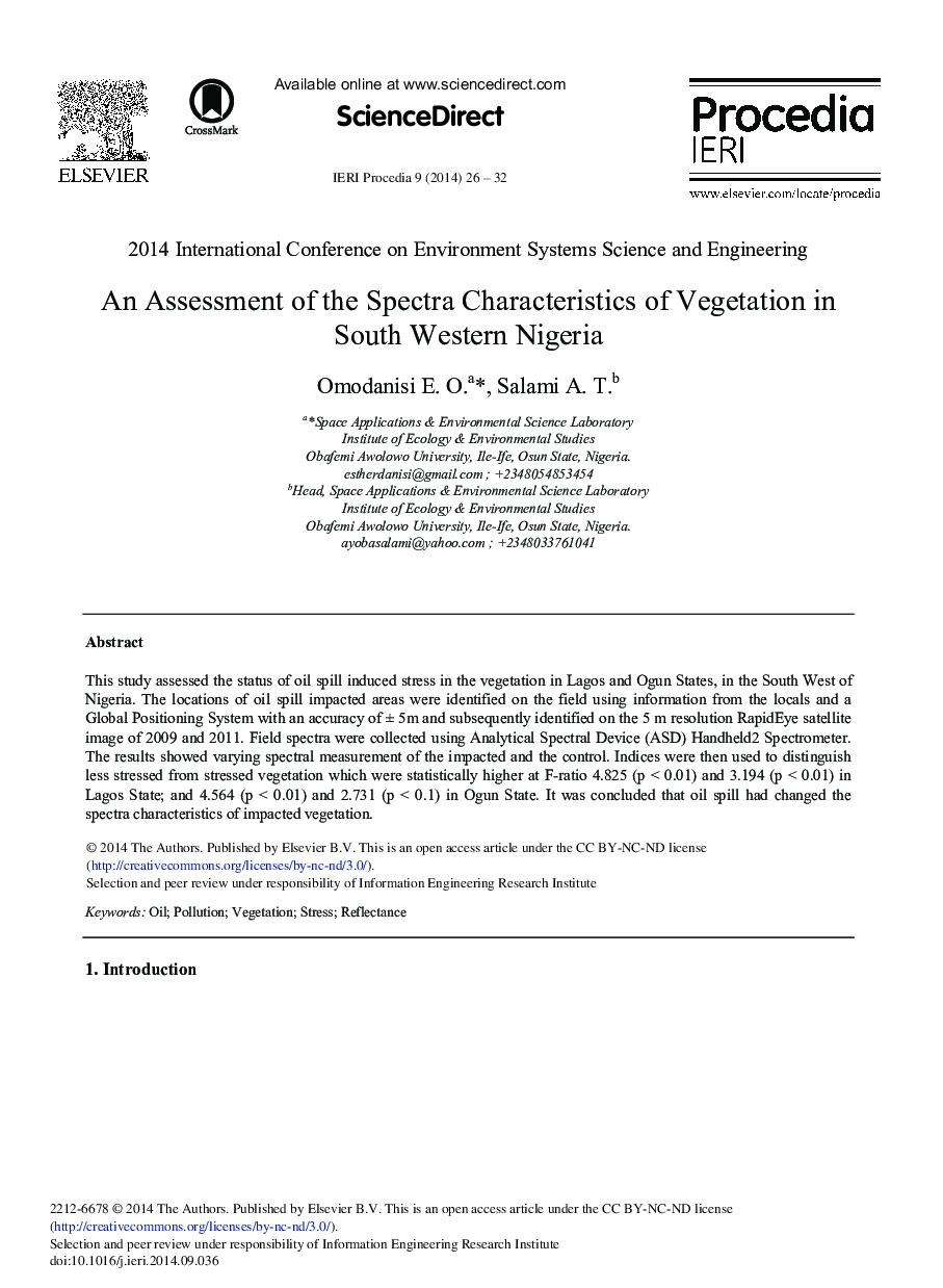 An Assessment of the Spectra Characteristics of Vegetation in South Western Nigeria 