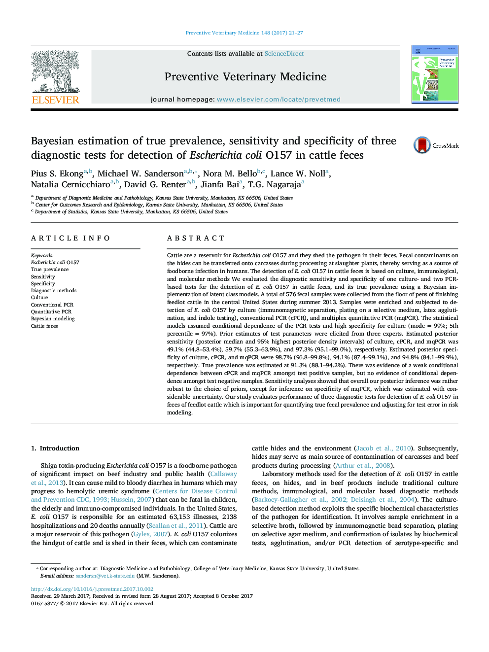 Bayesian estimation of true prevalence, sensitivity and specificity of three diagnostic tests for detection of Escherichia coli O157 in cattle feces