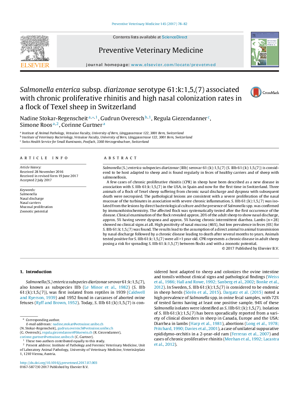 Salmonella enterica subsp. diarizonae serotype 61:k:1,5,(7) associated with chronic proliferative rhinitis and high nasal colonization rates in a flock of Texel sheep in Switzerland