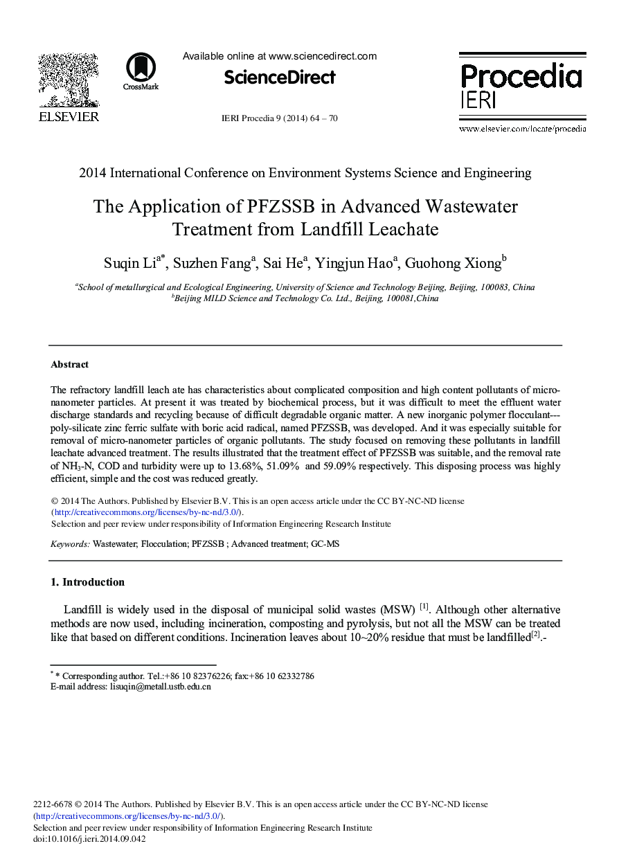 The Application of PFZSSB in Advanced Wastewater Treatment from Landfill Leachate 