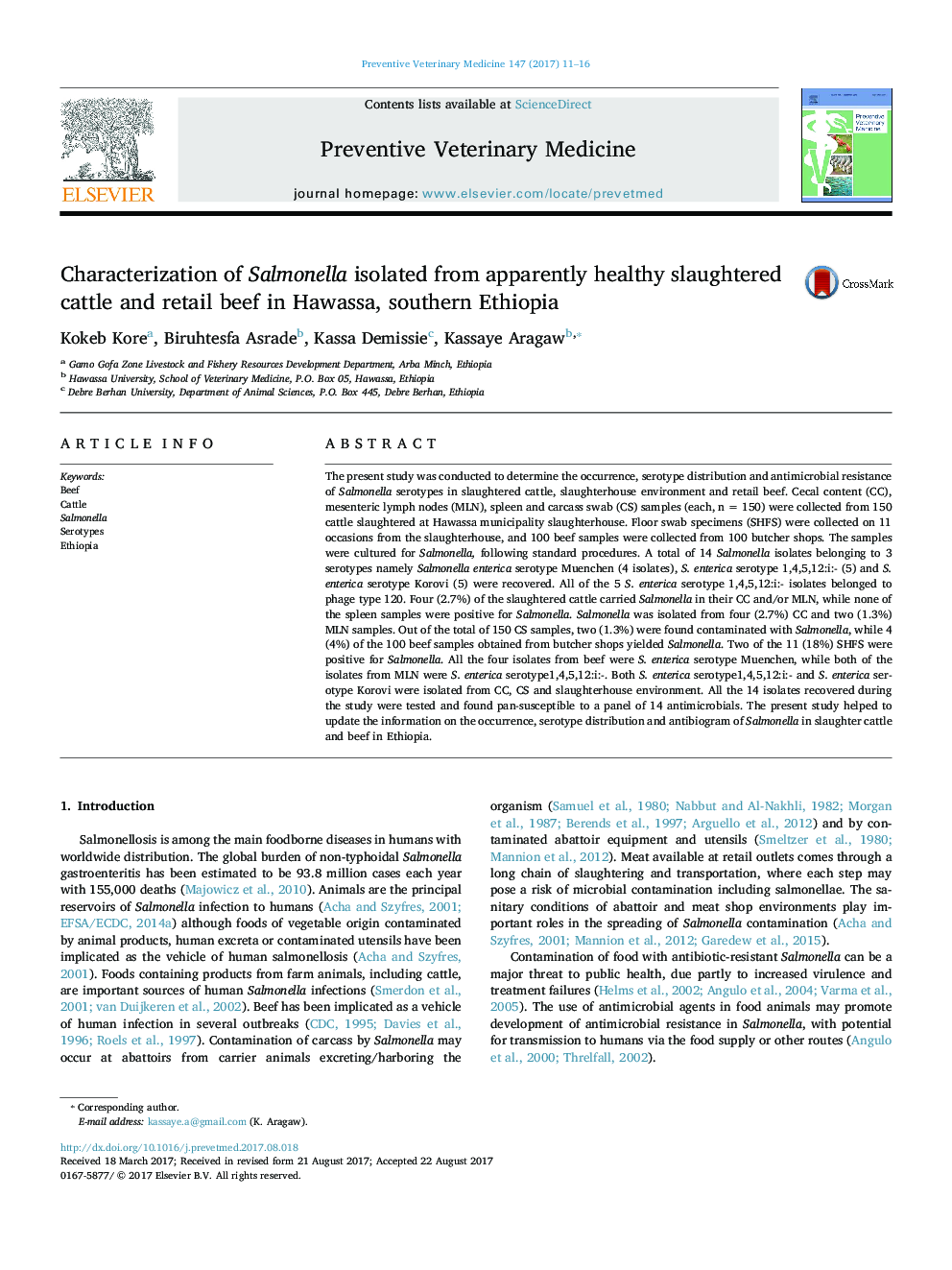 Characterization of Salmonella isolated from apparently healthy slaughtered cattle and retail beef in Hawassa, southern Ethiopia