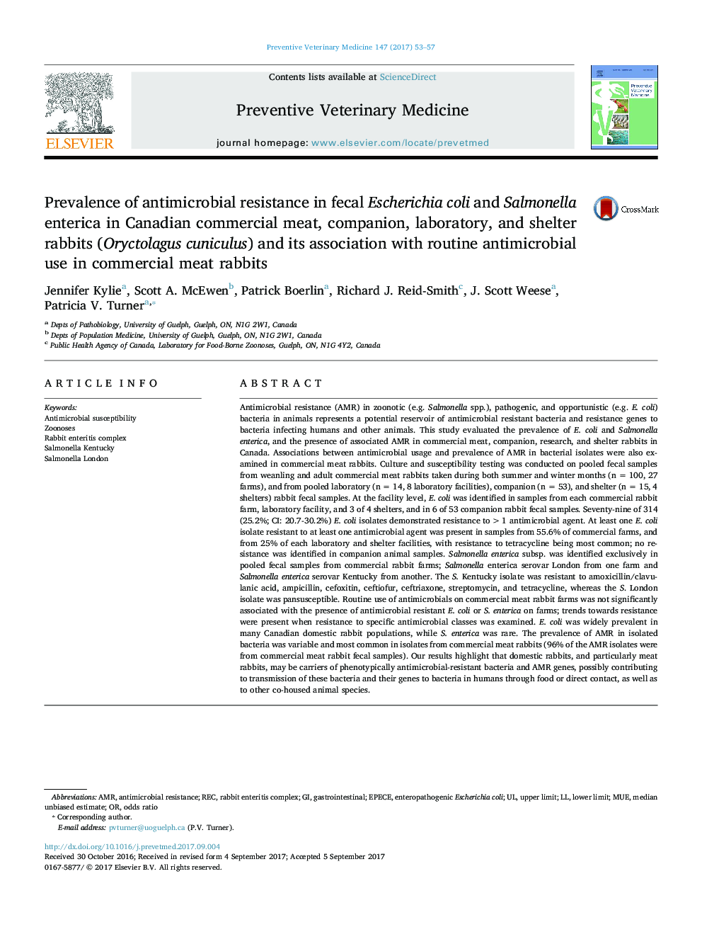 Prevalence of antimicrobial resistance in fecal Escherichia coli and Salmonella enterica in Canadian commercial meat, companion, laboratory, and shelter rabbits (Oryctolagus cuniculus) and its association with routine antimicrobial use in commercial meat 