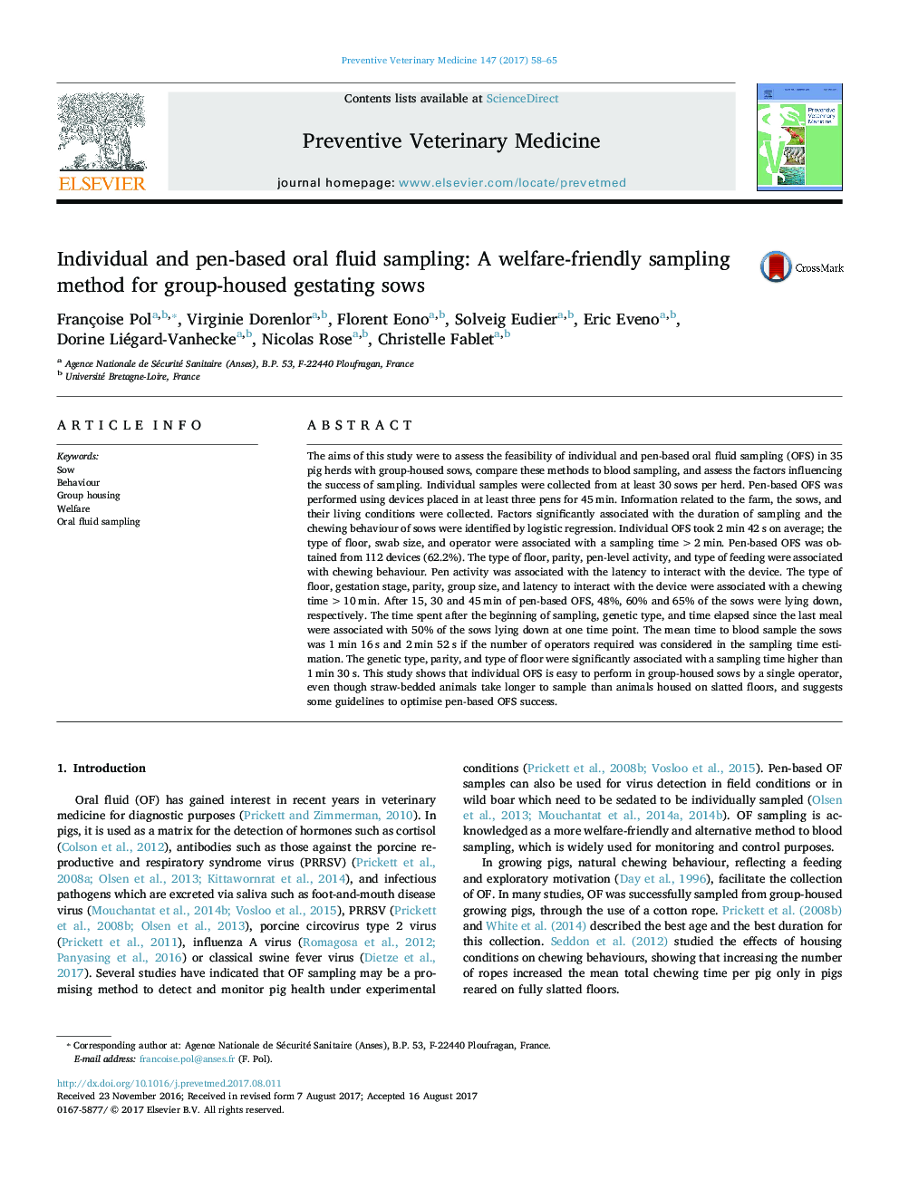 Individual and pen-based oral fluid sampling: A welfare-friendly sampling method for group-housed gestating sows