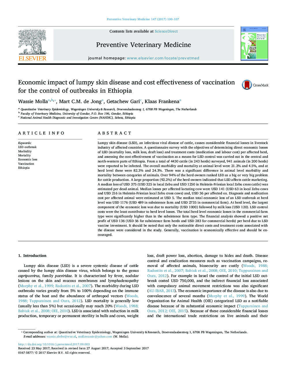 Economic impact of lumpy skin disease and cost effectiveness of vaccination for the control of outbreaks in Ethiopia