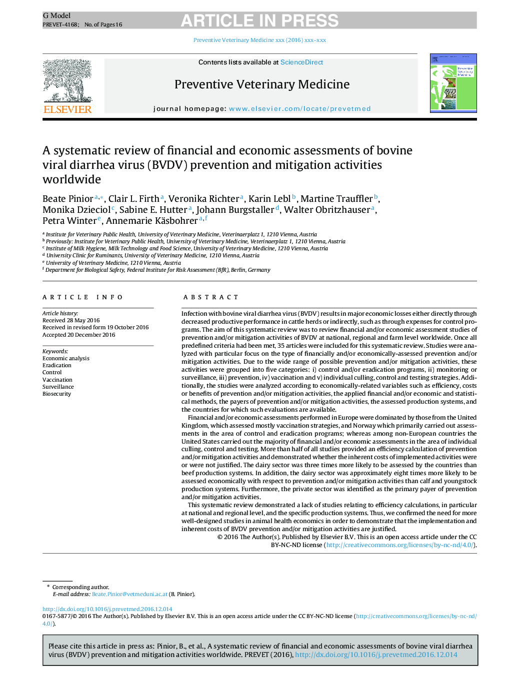 A systematic review of financial and economic assessments of bovine viral diarrhea virus (BVDV) prevention and mitigation activities worldwide