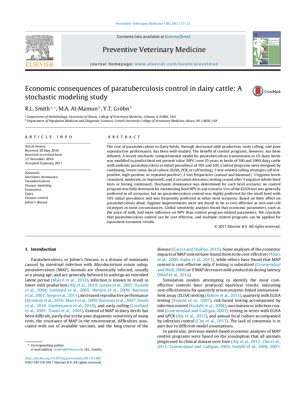 Economic consequences of paratuberculosis control in dairy cattle: A stochastic modeling study