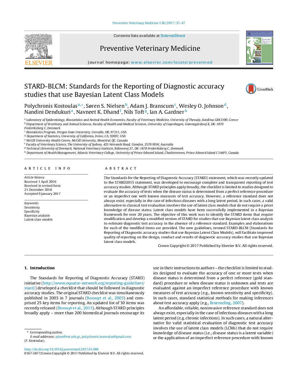 عکس صفحه اول مقاله: STARD-BLCM: Standards for the Reporting of Diagnostic accuracy studies that use Bayesian Latent Class Models STARD-BLCM: Standards for the Reporting of Diagnostic accuracy studies that use Bayesian Latent Class Models