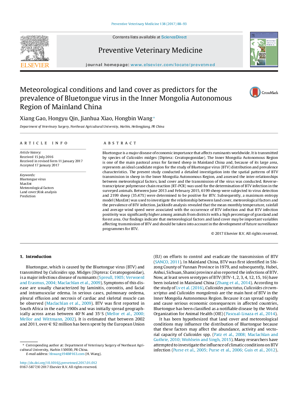 Meteorological conditions and land cover as predictors for the prevalence of Bluetongue virus in the Inner Mongolia Autonomous Region of Mainland China