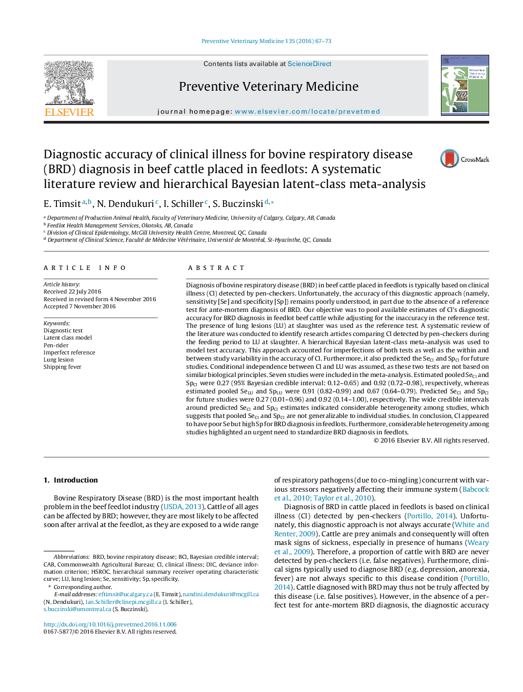 Diagnostic accuracy of clinical illness for bovine respiratory disease (BRD) diagnosis in beef cattle placed in feedlots: A systematic literature review and hierarchical Bayesian latent-class meta-analysis