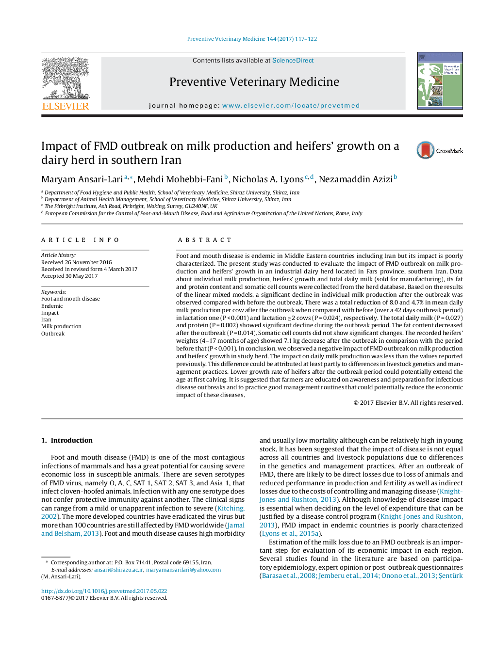 Impact of FMD outbreak on milk production and heifers' growth on a dairy herd in southern Iran