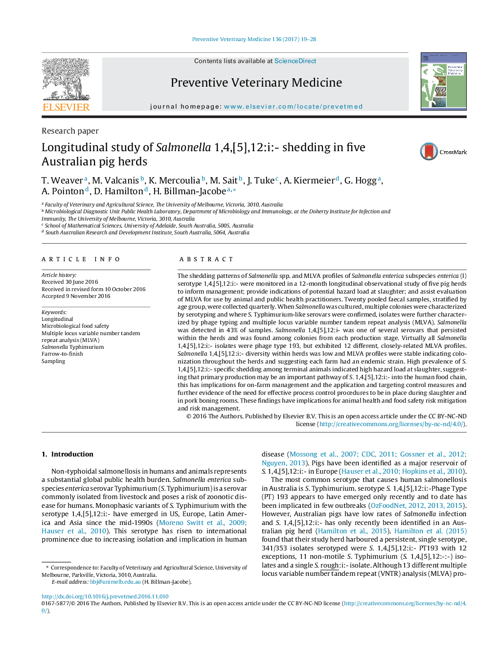 Longitudinal study of Salmonella 1,4,[5],12:i:- shedding in five Australian pig herds