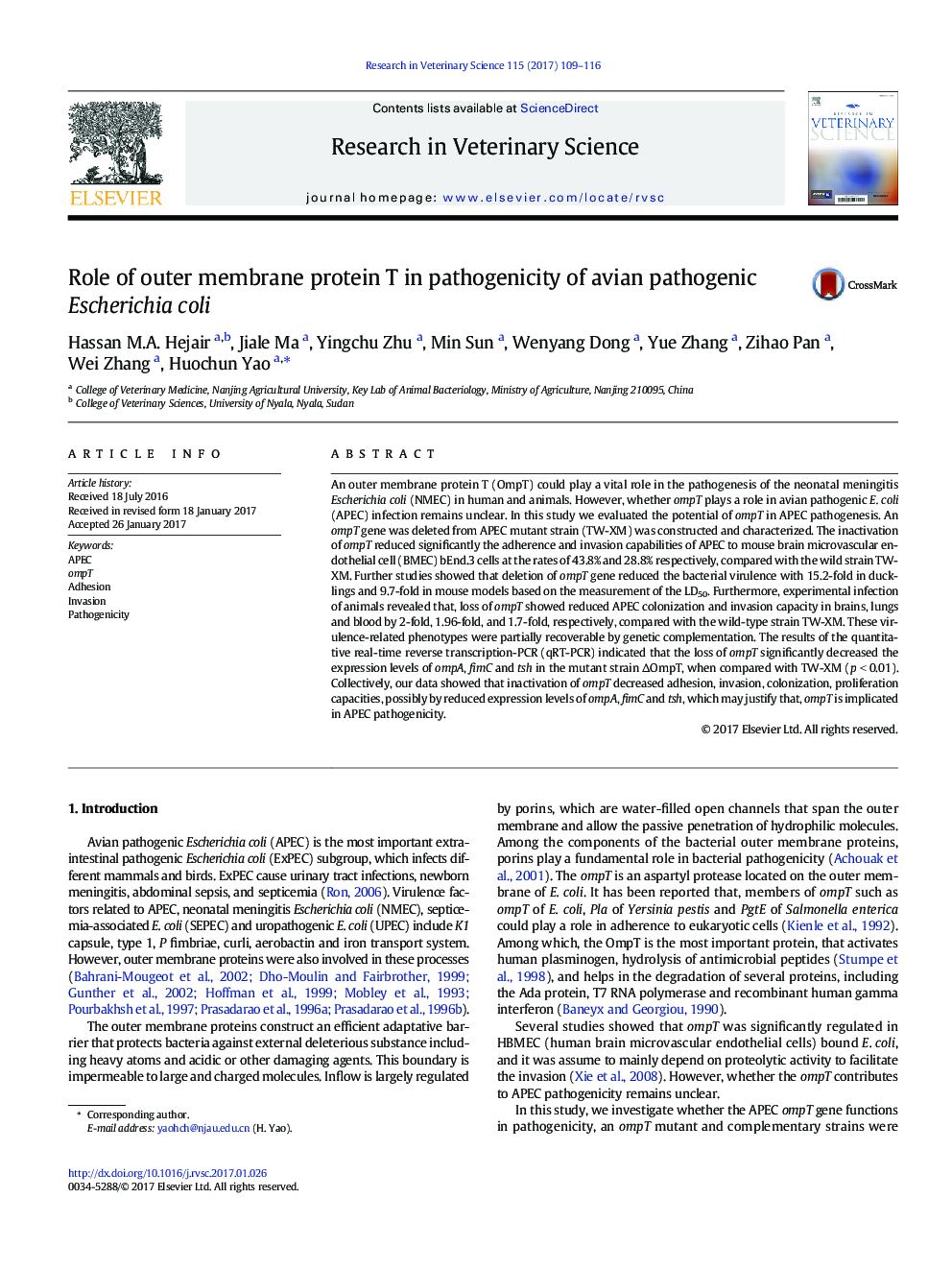 Role of outer membrane protein T in pathogenicity of avian pathogenic Escherichia coli