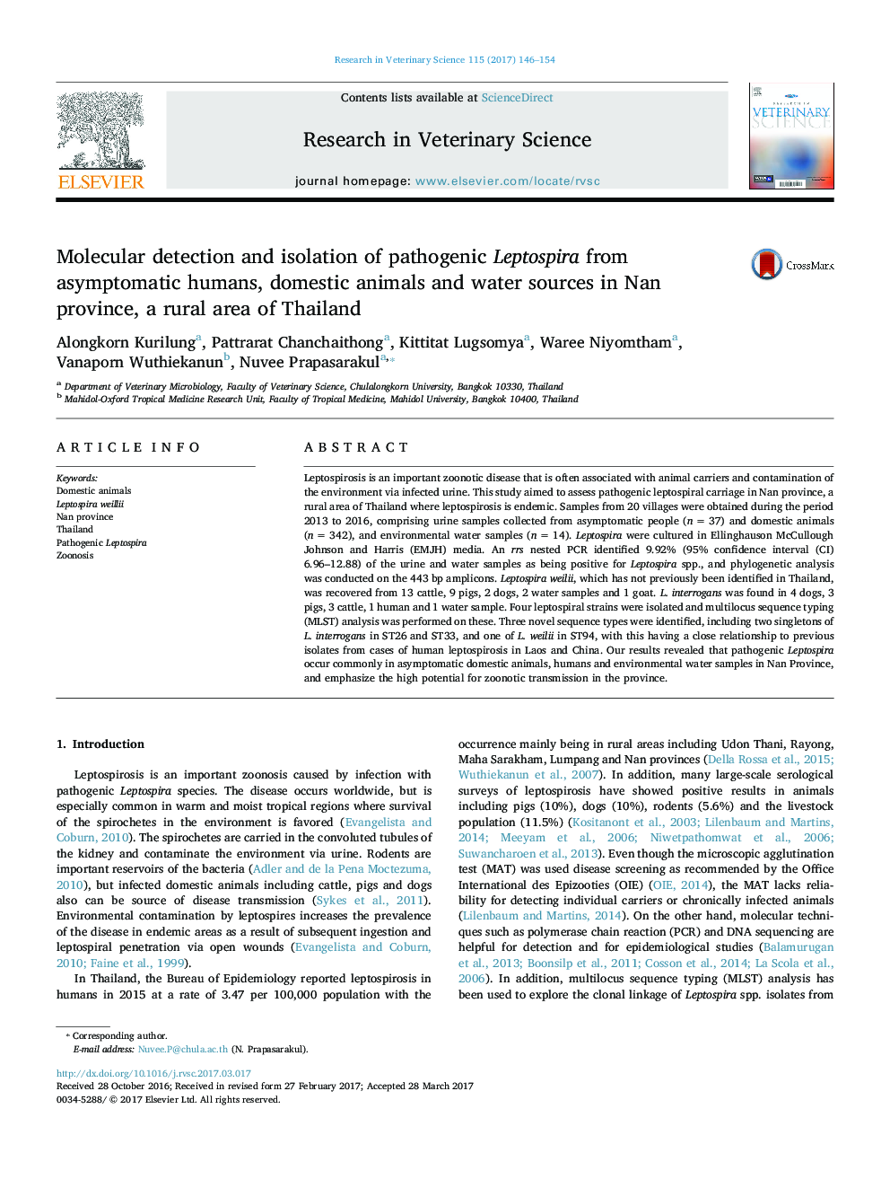 Molecular detection and isolation of pathogenic Leptospira from asymptomatic humans, domestic animals and water sources in Nan province, a rural area of Thailand